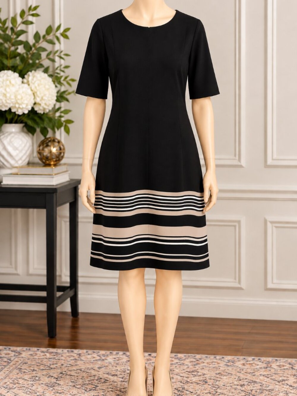 🖤 Christopher & Banks Black Striped-Hem Dress – Size 14